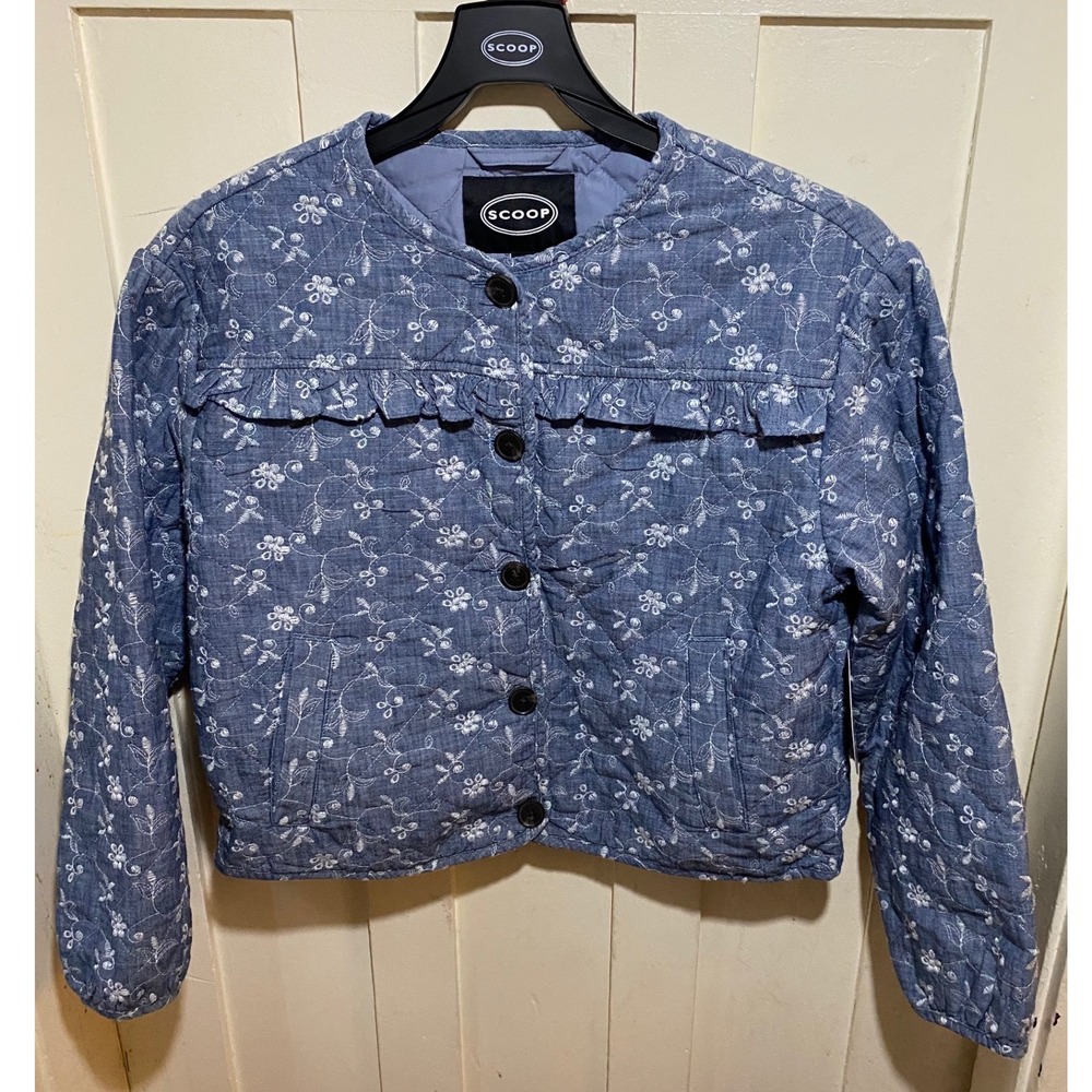 Scoop Women Blue Floral Eyelet Quilted Puff Sleeve Ruffle Jacket Medium NWT